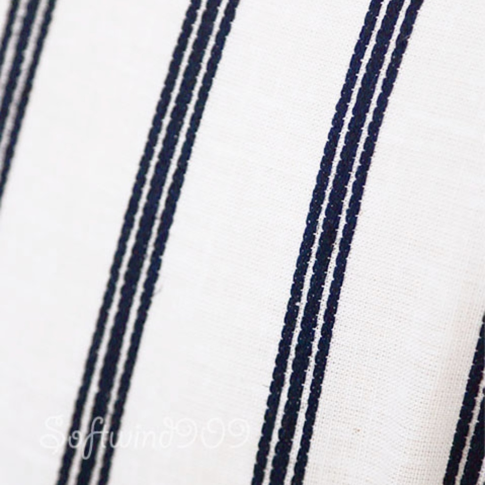 Cream Navy Blue Vertical Stripe Linen Cotton Dress - Picture 5 of 8